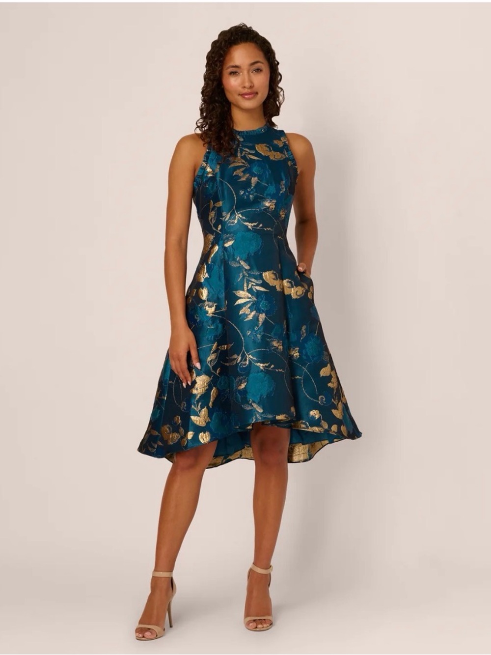 Adrianna Papell Teal and Gold Floral High-Low Dress - Picture 2 of 12